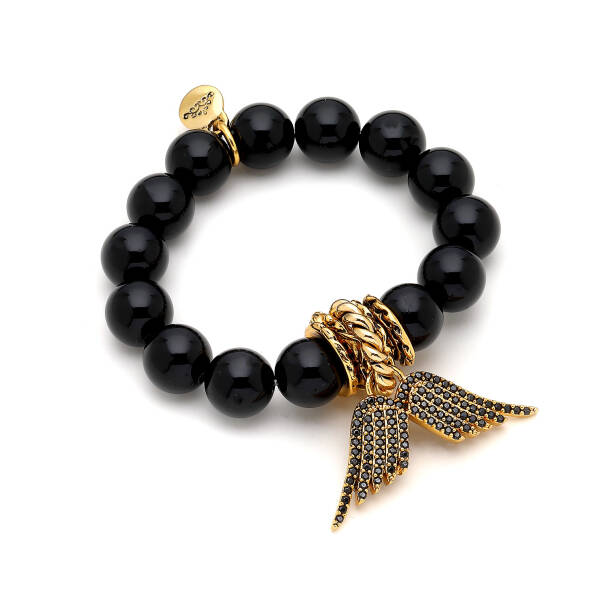 Ariel Onyx Gold Plated Wing Charm Zircon Bracelet - 1