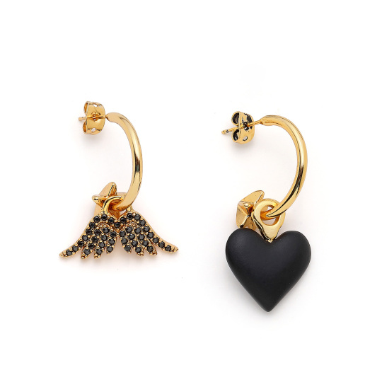 Black Angel Wings, Heart Pinned Earrings 