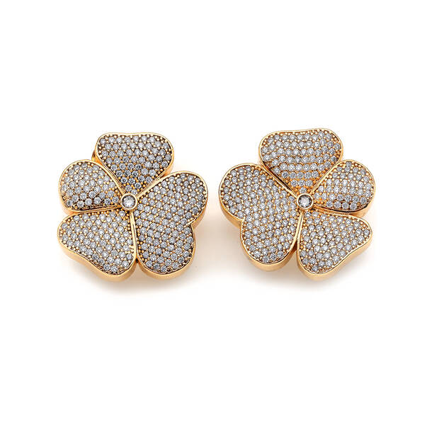 Clover Zircon Gold Plated Clover Clip Earrings - 2