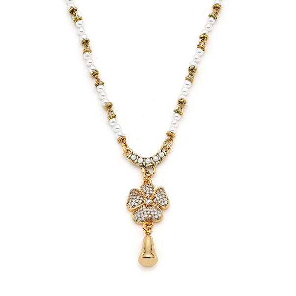 Edge Pearl Gold Plated Clover Zircon Necklace - 3