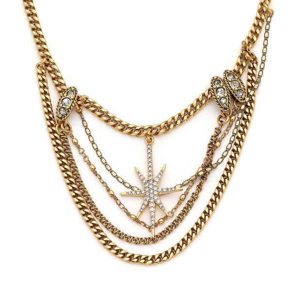 Electra Gold Plated Zircon Star Charm Multi Chain Necklace - 3