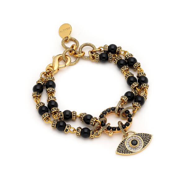 Grace Onyx Gold Plated Eye Zircon Charm Multi Chain Bracelet - 1