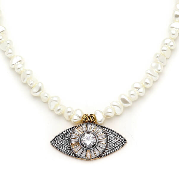 Kismet Pearl Gold Plated Eye Zircon Charm Necklace - 3