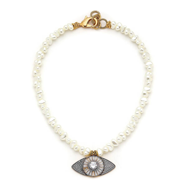 Kismet Pearl Gold Plated Eye Zircon Charm Necklace - 1