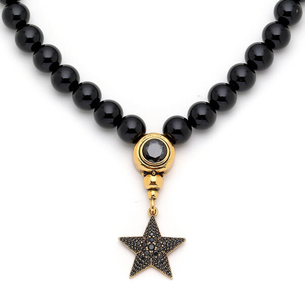 Night Glam Onyx Gold Plated Zircon Star Charm Necklace - 3