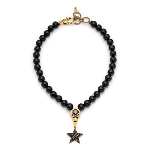 Night Glam Onyx Gold Plated Zircon Star Charm Necklace - 1