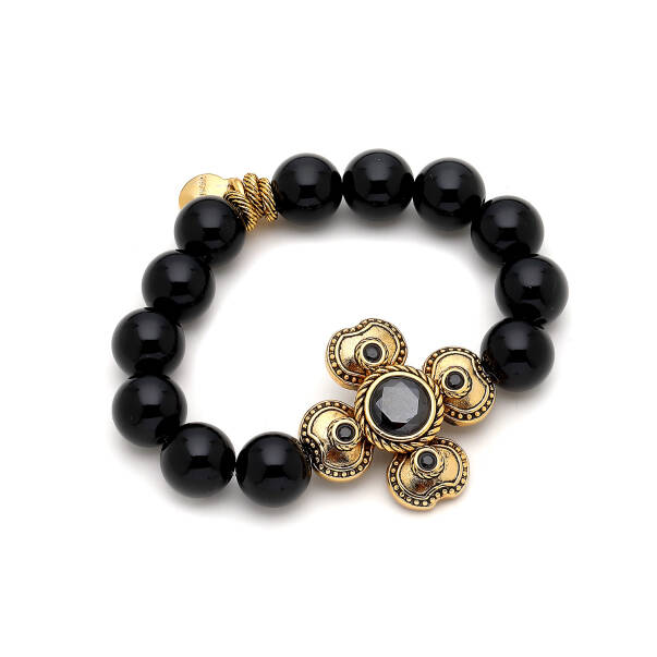 Phantom Onyx Gold Plated Zircon Clover Charm Bracelet - 1