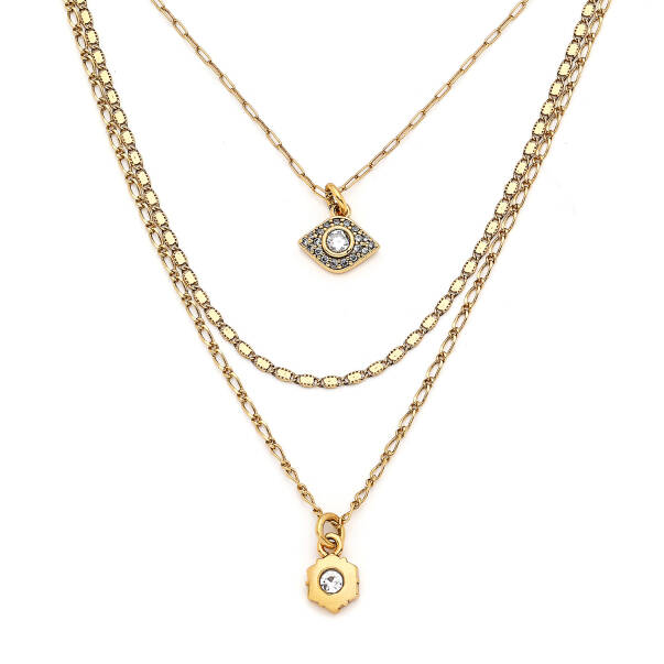 Protection Gold Plated Eye Zircon Charm Multi Chain Necklace - 2