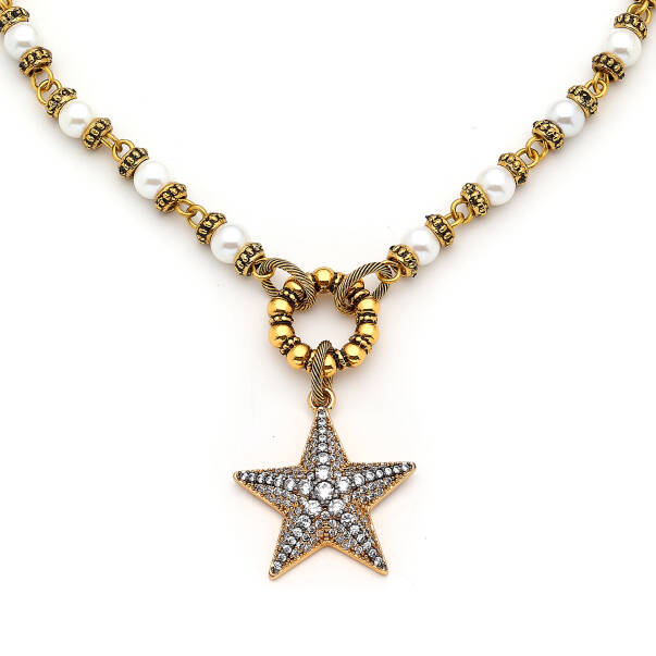 Sherrif Pearl Gold Plated Star Zircon Charm Necklace - 2