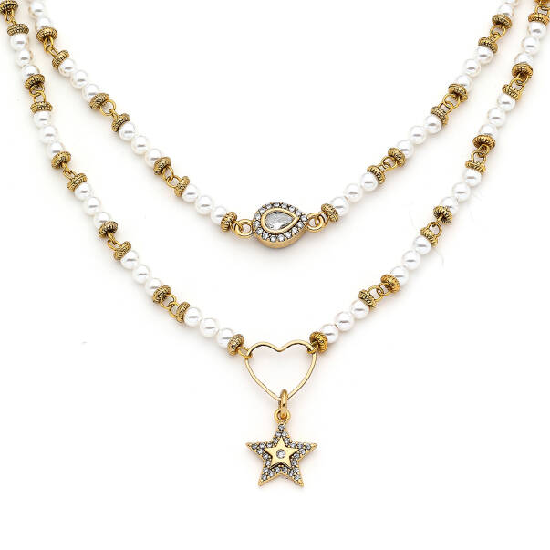 Splendid Pearl Gold Plated Star Zircon Charm Multi Necklace - 2