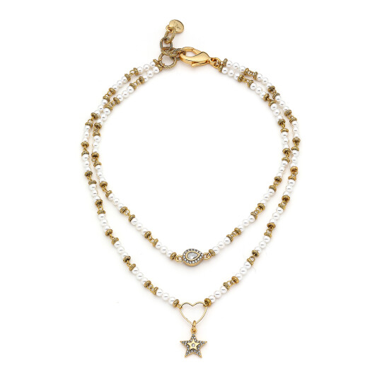 Splendid Pearl Gold Plated Star Zircon Charm Multi Necklace 