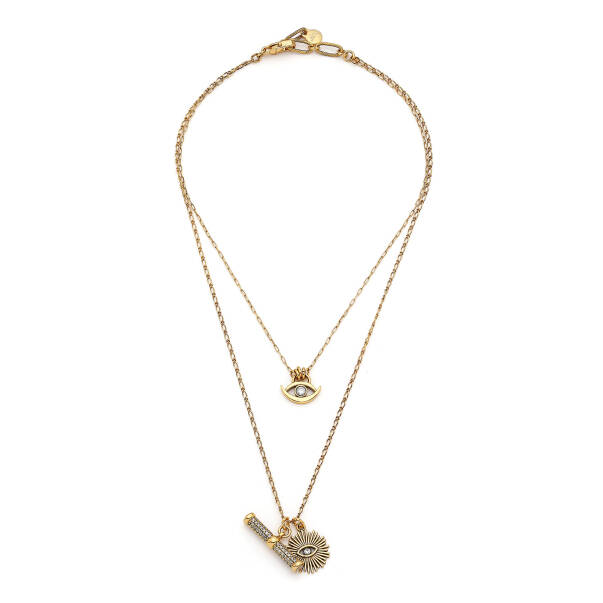 Tilsim Gold Plated Eye Zircon Charm Multi Chain Necklace - 1