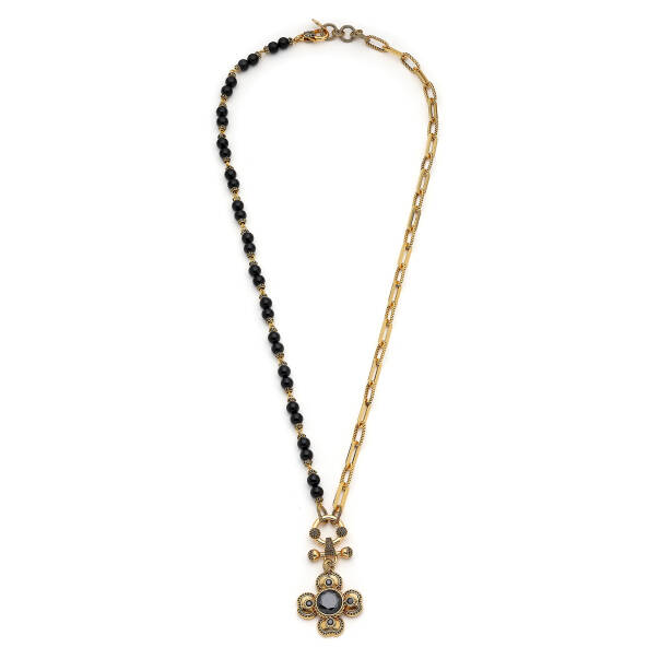 Too Chic Onyx Gold Plated Clover Zircon Charm Chain Necklace - 1